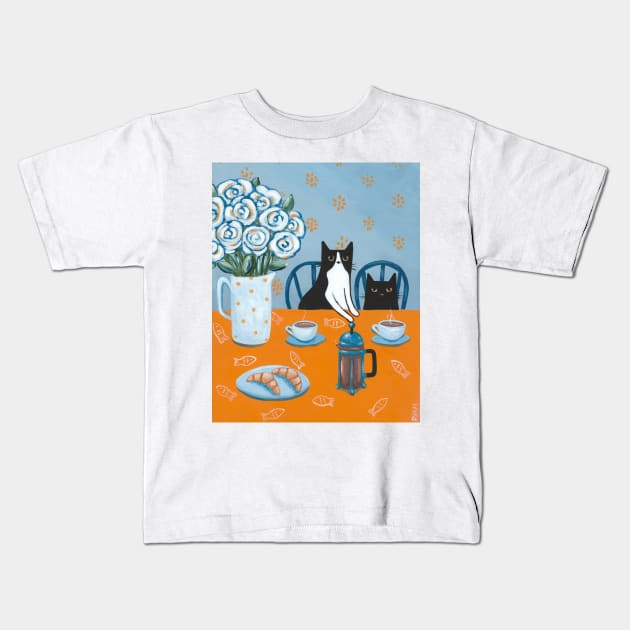 French Press Coffee Cats Kids T-Shirt by KilkennyCat Art
